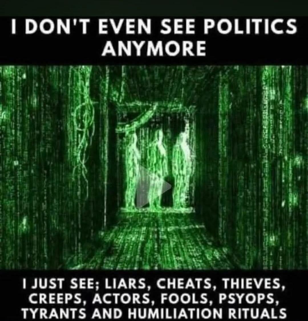 I DON'T EVEN SEE POLITICS ANYMORE I JUST SEE; LIARS, CHEATS, THIEVES, CREEPS, ACTORS, FOOLS, PSYOPS, TYRANTS AND HUMILIATION RITUALS