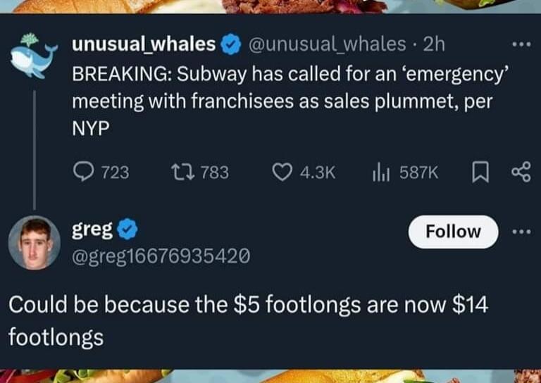 o W e et unusual whales unusual whales 2h BREAKING Subway has called for an emergency meeting with franchisees as sales plummet per NYP Q723 783 207 QR WIS greg Follow JEH greg16676935420 Could be because the 5 footlongs are now 14 footlongs