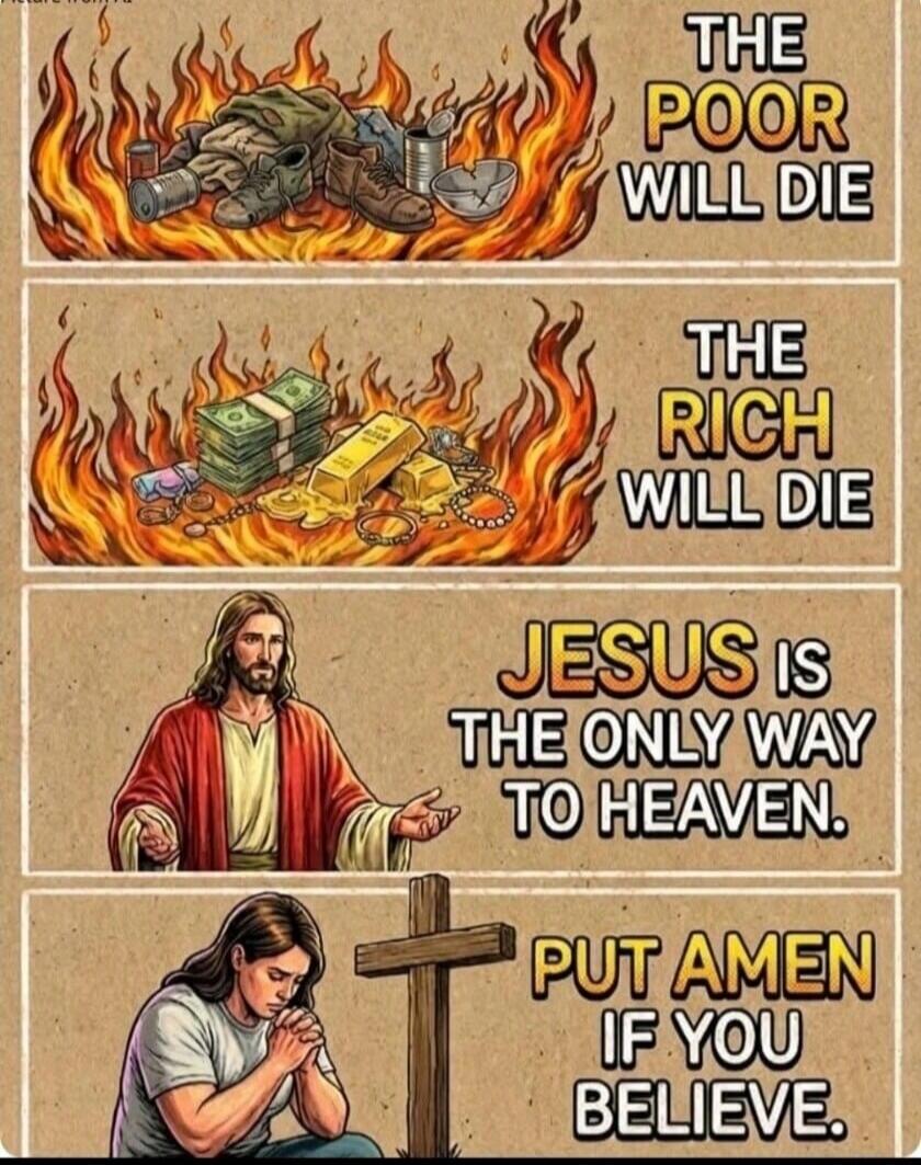 THE POOR WILL DIE. THE RICH WILL DIE. JESUS IS THE ONLY WAY TO HEAVEN. PUT AMEN IF YOU BELIEVE.