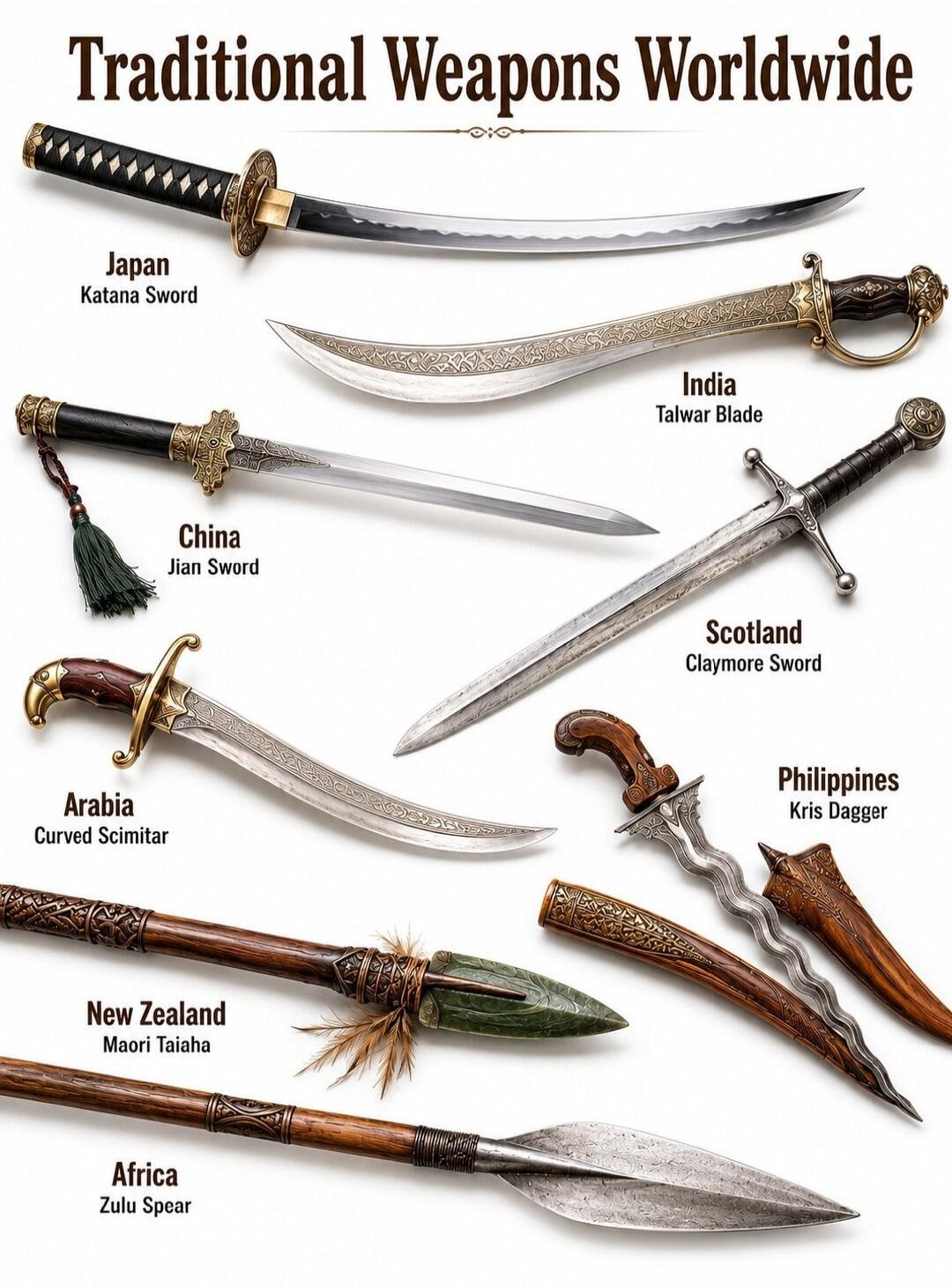 Traditional Weapons Worldwide. Japan Katana Sword. India Talwar Blade. China Jian Sword. Scotland Claymore Sword. Arabia Curved Scimitar. Philippines Kris Dagger. New Zealand Maori Taiaha. Africa Zulu Spear.
