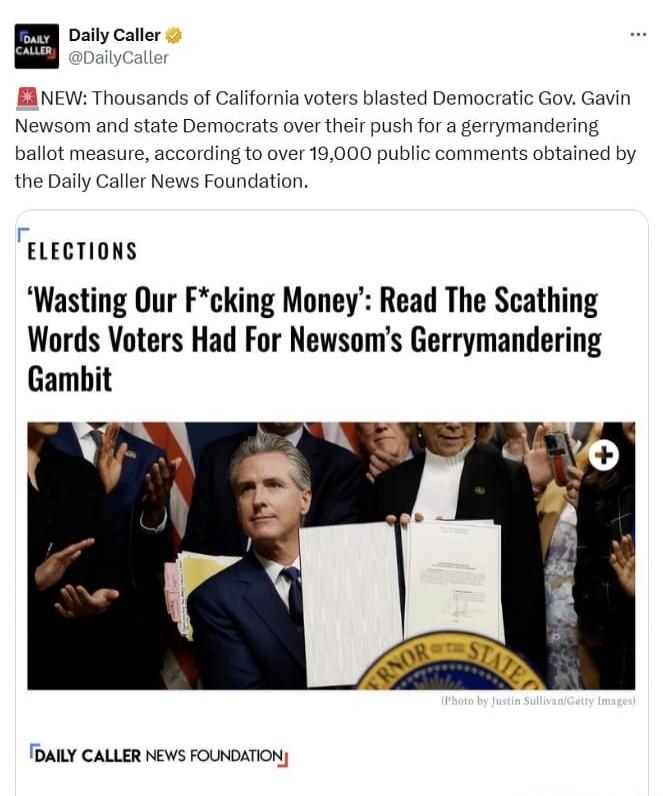 NEW: Thousands of California voters blasted Democratic Gov. Gavin Newsom and state Democrats over their push for a gerrymandering ballot measure, according to over 19,000 public comments obtained by the Daily Caller News Foundation. ELECTIONS 'Wasting Our F*cking Money': Read The Scathing Words Voters Had For Newsom's Gerrymandering Gambit