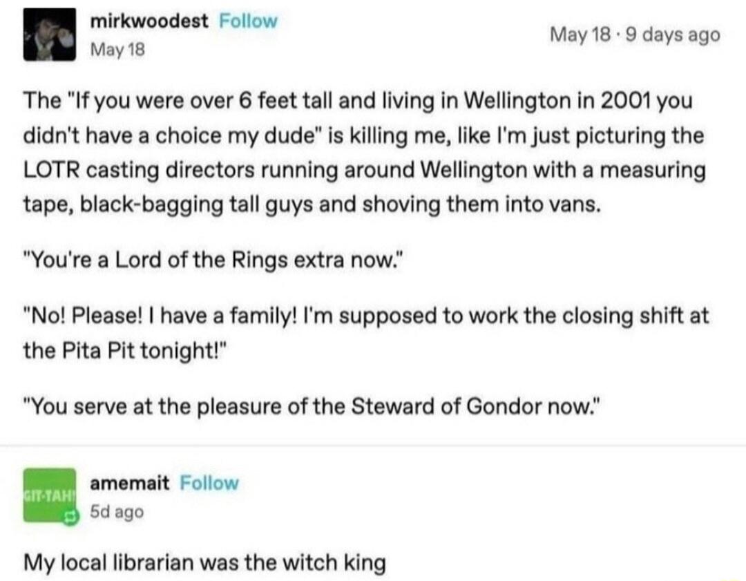mirkwoodest Follow Ly May 18 9 days ago tay The If you were over 6 feet tall and living in Wellington in 2001 you didnt have a choice my dude Is killng me lie Im just picturing the LOTR casting directors running around Wellington with a measuring tape black bagging tall guys and shoving them into vans Youre a Lord of the Rings extra now Not Please have a family Im supposed to work the closing shif