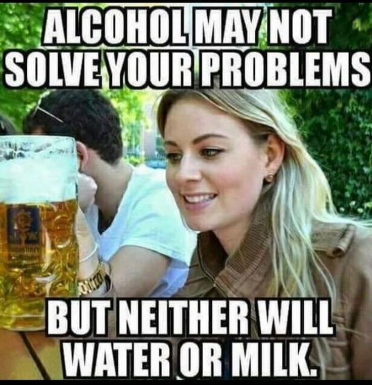 ALCOHOL MAY NOT SOLVE YOUR PROBLEMS BUT NEITHER WILL WATER OR MILK.