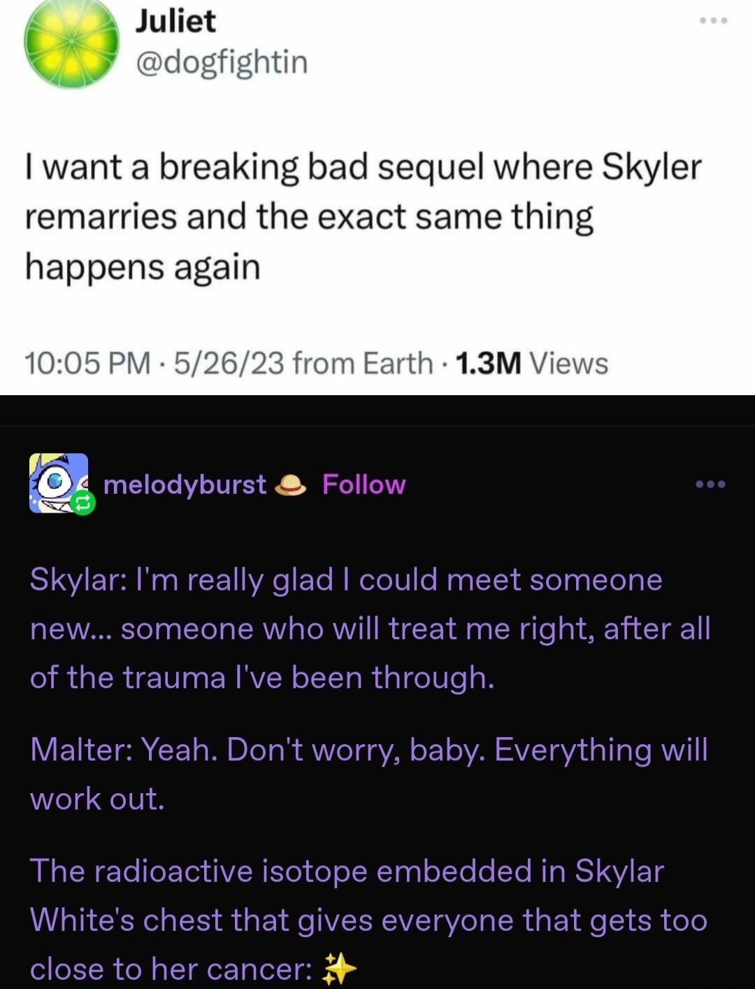 want a breaking bad sequel where Skyler remarries and the exact same thing happens again 1005 J rom Earth 13M V