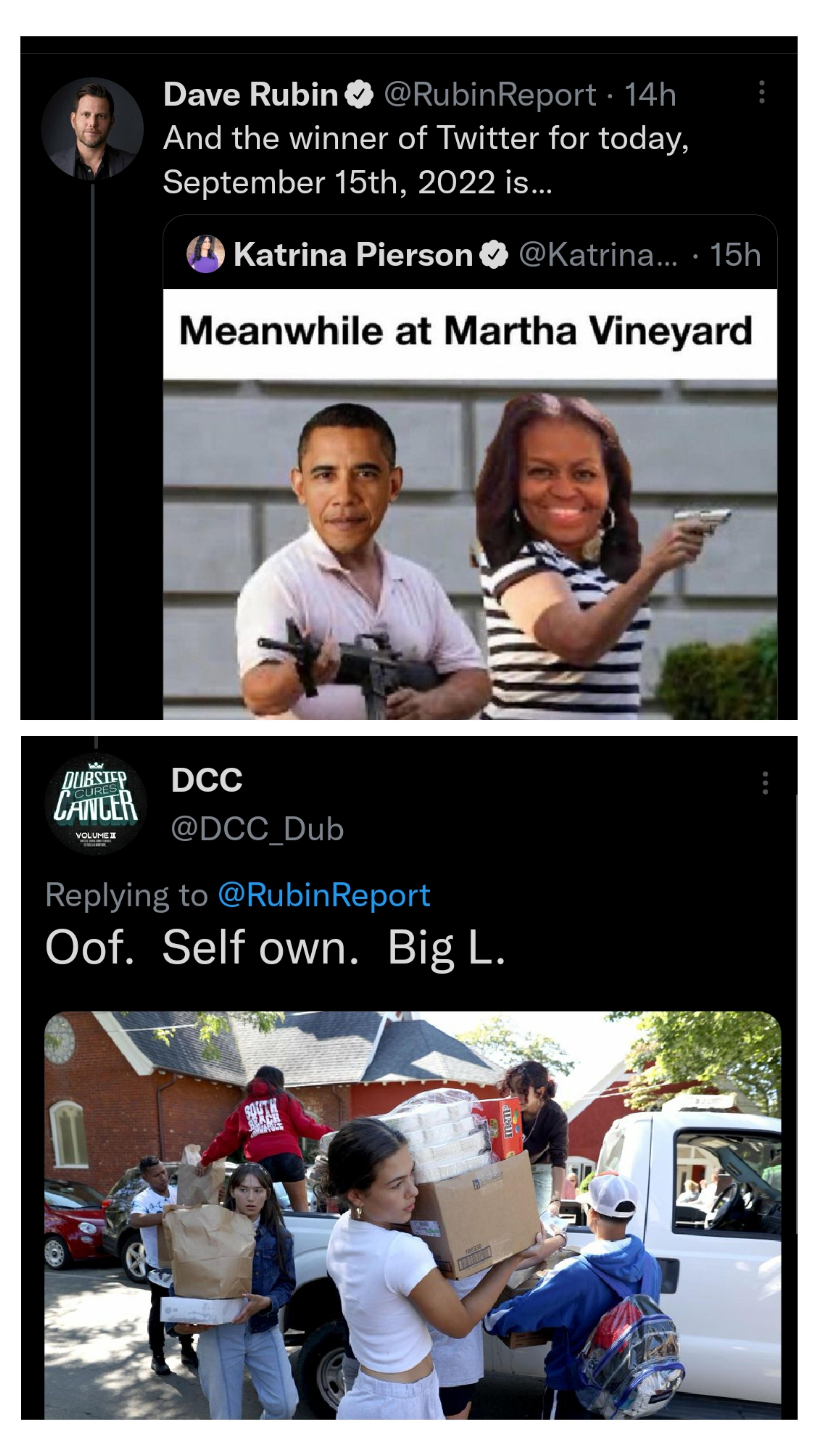 Dave Rubin RubinReport 14h And the winner of Twitter for today September 15th 2022 s Katrina Pierson Katrina Meanwhile at Martha Vineyard DCC_Duk Replying to RubinReport 0767 RISTCT oV W 11 0 I