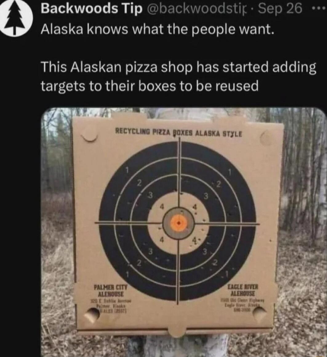 ET QT T T B g NG ckwoodstif Sep 2 FAEEE NG IVERT EIR R AR This Alaskan pizza shop has started adding targets to their boxes to be reused