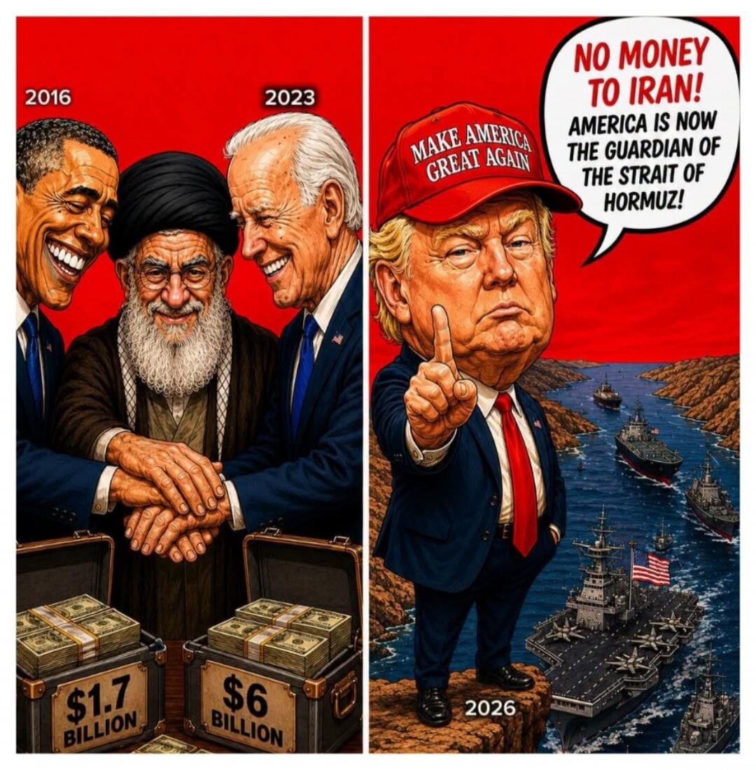 2016 $1.7 BILLION 2023 $6 BILLION MAKE AMERICA GREAT AGAIN NO MONEY TO IRAN! AMERICA IS NOW THE GUARDIAN OF THE STRAIT OF HORMUZ! 2026