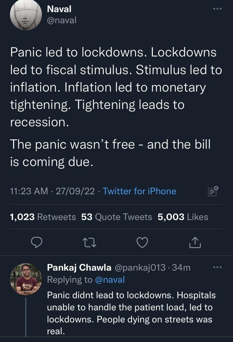Naval LETE Panic led to lockdowns Lockdowns Te R e R ISIeE RS I V VENES g VI VECR Te R o inflation Inflation led to monetary tightening Tightening leads to recession RN E TRVl T RTaTe Rd g SN o11 SfelelyalTat Re VN 1123 AM 270922 Twitter for iPhone 2 1023 Retweets 53 Quote Tweets 5003 Likes Q 0 Pankaj Chawla pankaj013 34m Replying to naval Panic didnt lead to lockdowns Hospitals unable to handle t