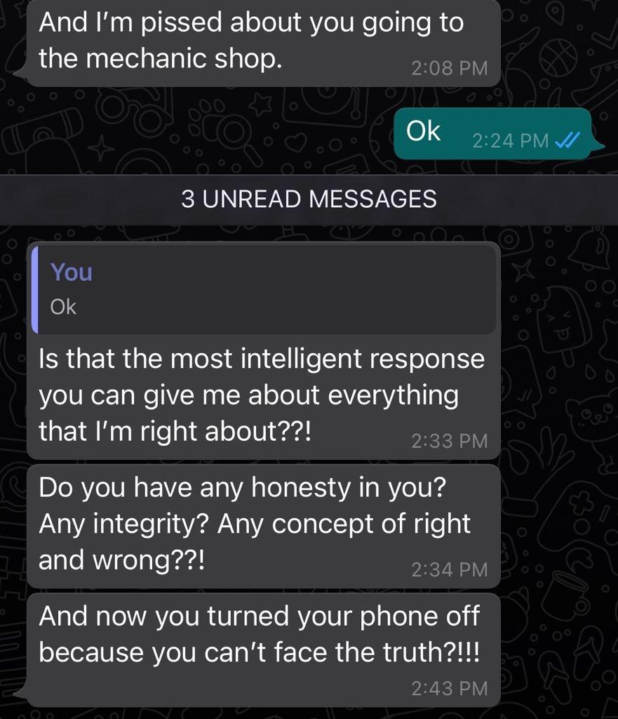 Ve Lo Mo aWoIEYTo olo1U Y oW Ko o g Te i o the mechanic shop 208 PM 6 224 PM W 3 UNREAD MESSAGES AeV 03 Is that the most intelligent response you can give me about everything that Im right about 233 PM DIoRYeI N VI 0 A Tel g T o VA g 01U g PN AT Clelfia 4 NoAelolplelT e el W aTe ol Elale R elploerd 234 PM YiVale Mool VAo TUR gaTYo MV o1UI ol aTelaT Nol i because you cant face the truth 243 PM