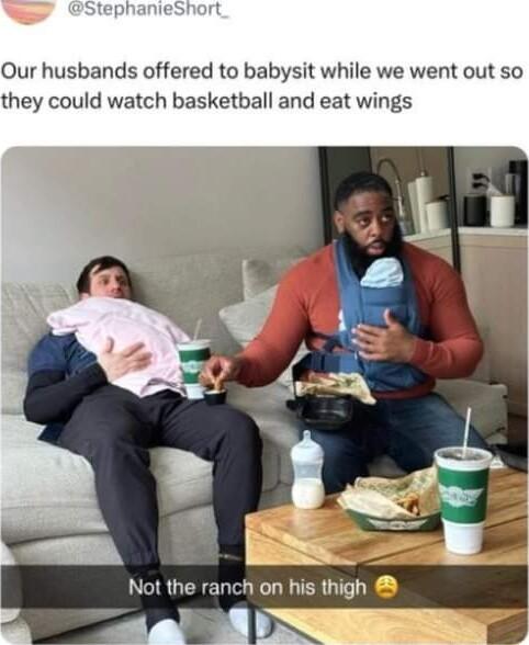 Our husbands offered to babysit while we went out so they could watch basketball and eat wings