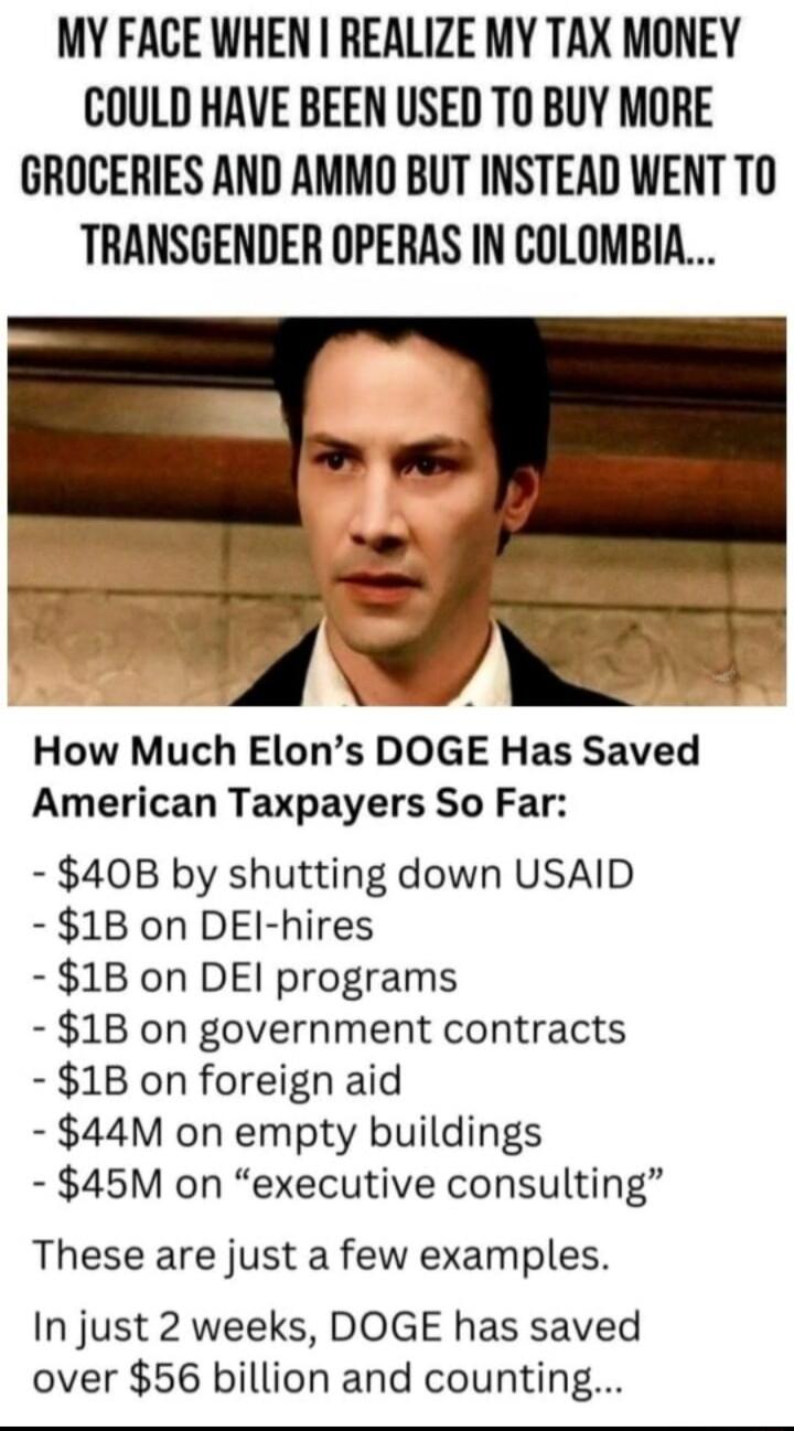 MY FACE WHEN REALIZE MY TAX MONEY COULD HAVE BEEN USED T0 BUY MORE GROCERIES AND AMMO BUT INSTEAD WENT TO TRANSGENDER OPERAS IN COLOMBIA v How Much Elons DOGE Has Saved American Taxpayers So Far 40B by shutting down USAID 1B on DEl hires 1B on DEI programs 1B on government contracts 1B on foreign aid 44M on empty buildings 45M on executive consulting These are just a few examples In just 2 weeks D