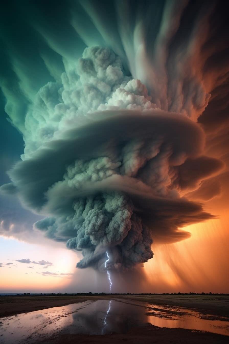 A dramatic thunderstorm cloud with lightning on an open flat landscape.