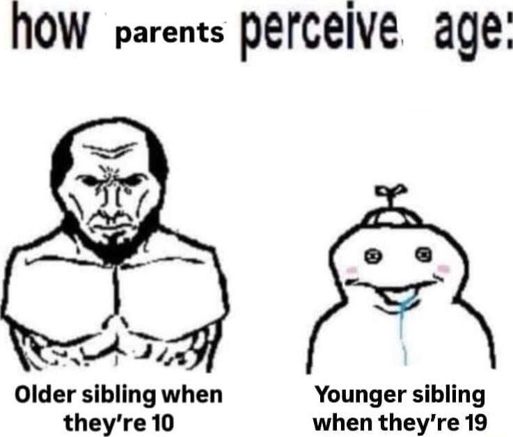 NOW parents PEFCEIVE AQE Older sibling when Younger sibling theyre 10 when theyre 19