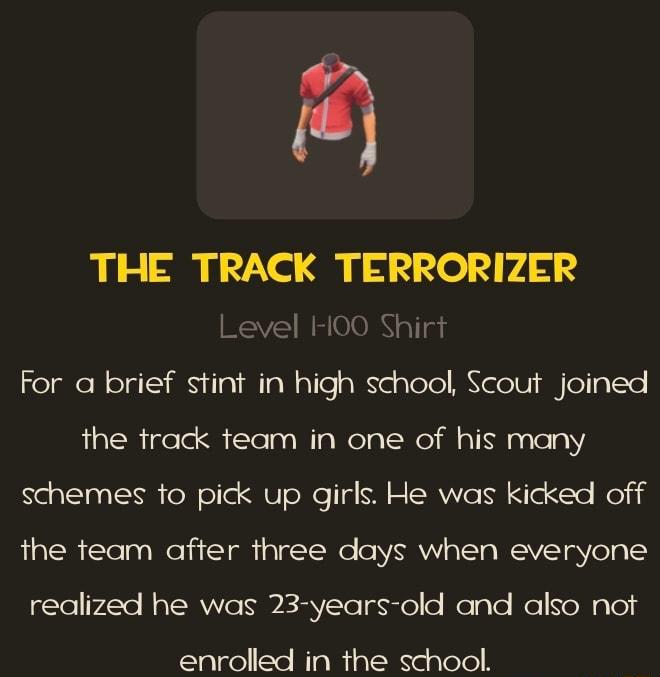THE TRACK TERRORIZER For a brief stint in high school Scout joined igele SlelnaWigWelalNe il sTINNasleaV Neglslar TSN el elle AU oo NI ZSRWeINISTe o Mol the feam after three days when everyone 5lel7ile NSRS ERNTeTdNyel o elgle el Noligle enrolled in the school
