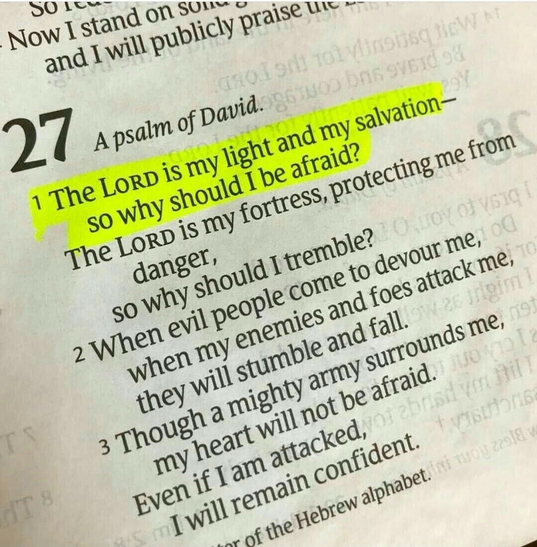 Now I stand on so... Now I will publicly praise the... 27 A psalm of David. 1 The LORD is my light and my salvation— so why should I be afraid? The LORD is my fortress, protecting me from danger, so why should I tremble? 2 When evil people come to devour me, when my enemies and foes attack me, they will stumble and fall. 3 Though a mighty army surr