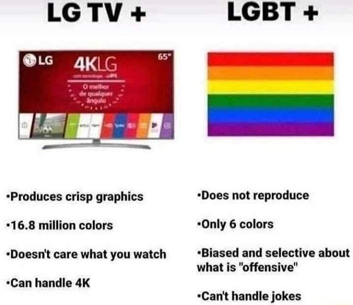 Produces crisp graphics 168 million colors Doesnt care what you watch Can handle 4K LGBT Does not reproduce Only 6 colors Biased and selective about what is offensive Cant handle jokes