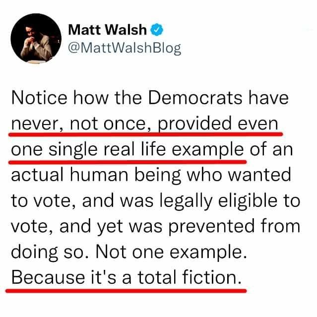 Matt Walsh MattWalshBlog Notice how the Democrats have never not once provided even one single real life example of an actual human being who wanted to vote and was legally eligible to vote and yet was prevented from doing so Not one example Because its a total fiction