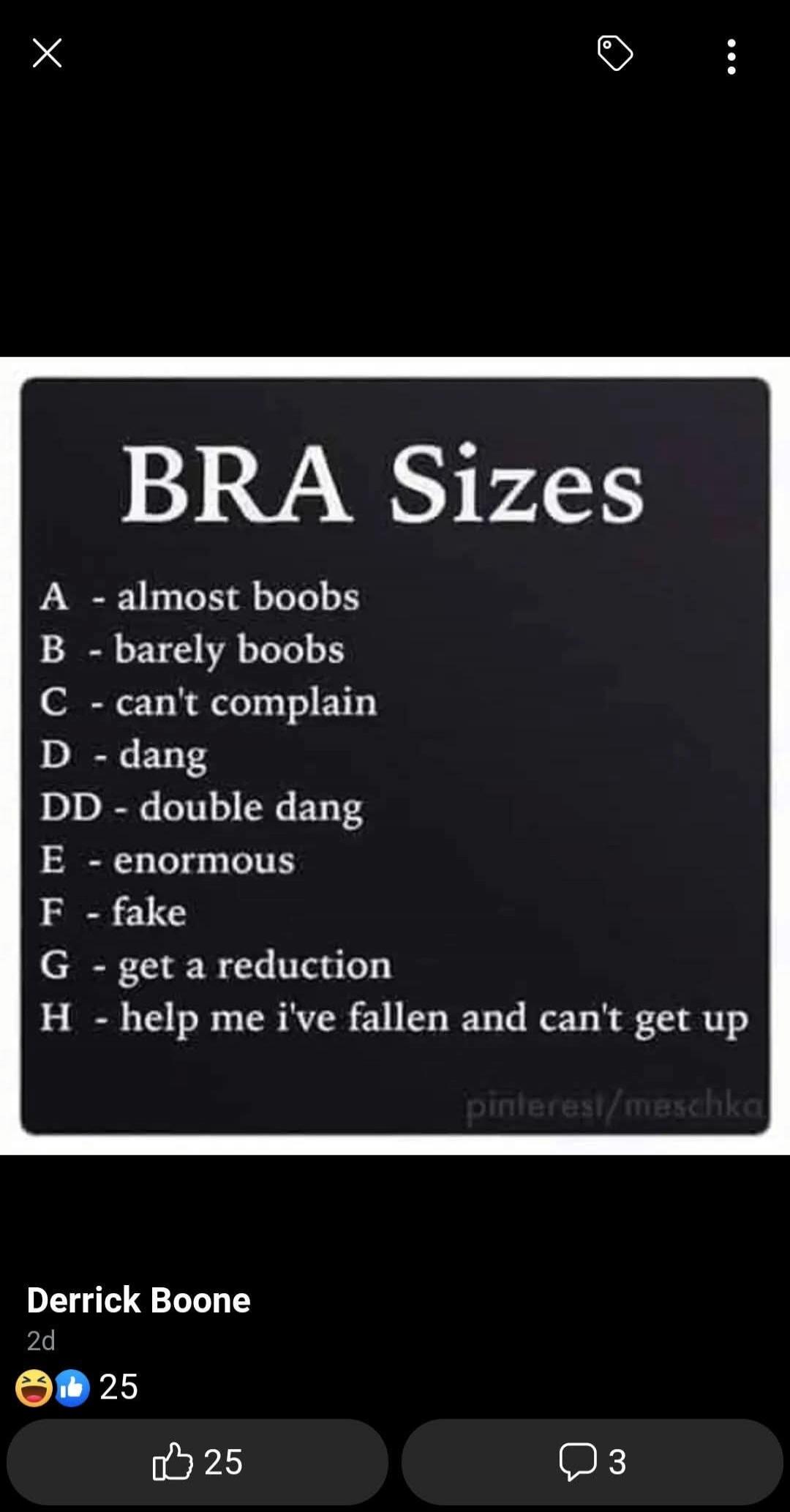 BRA Sizes A - almost boobs B - barely boobs C - can't complain D - dang DD - double dang E - enormous F - fake G - get a reduction H - help me i've fallen and can't get up pinterest/meschka