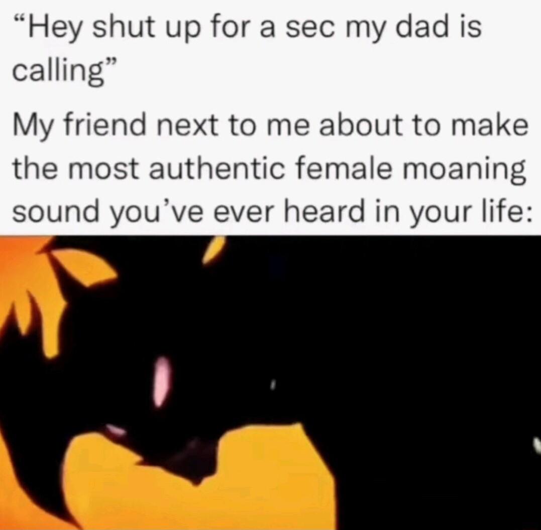 Hey shut up for a sec my dad is calling My friend next to me about to make the most authentic female moaning sound youve ever heard in your life