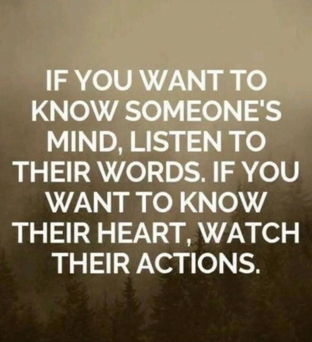 IF YOU WANT TO KNOW SOMEONE'S MIND, LISTEN TO THEIR WORDS. IF YOU WANT TO KNOW THEIR HEART, WATCH THEIR ACTIONS.