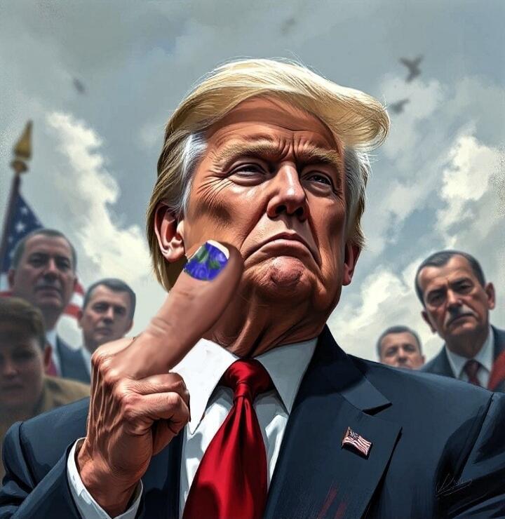 Caricature of Donald Trump giving the middle finger.