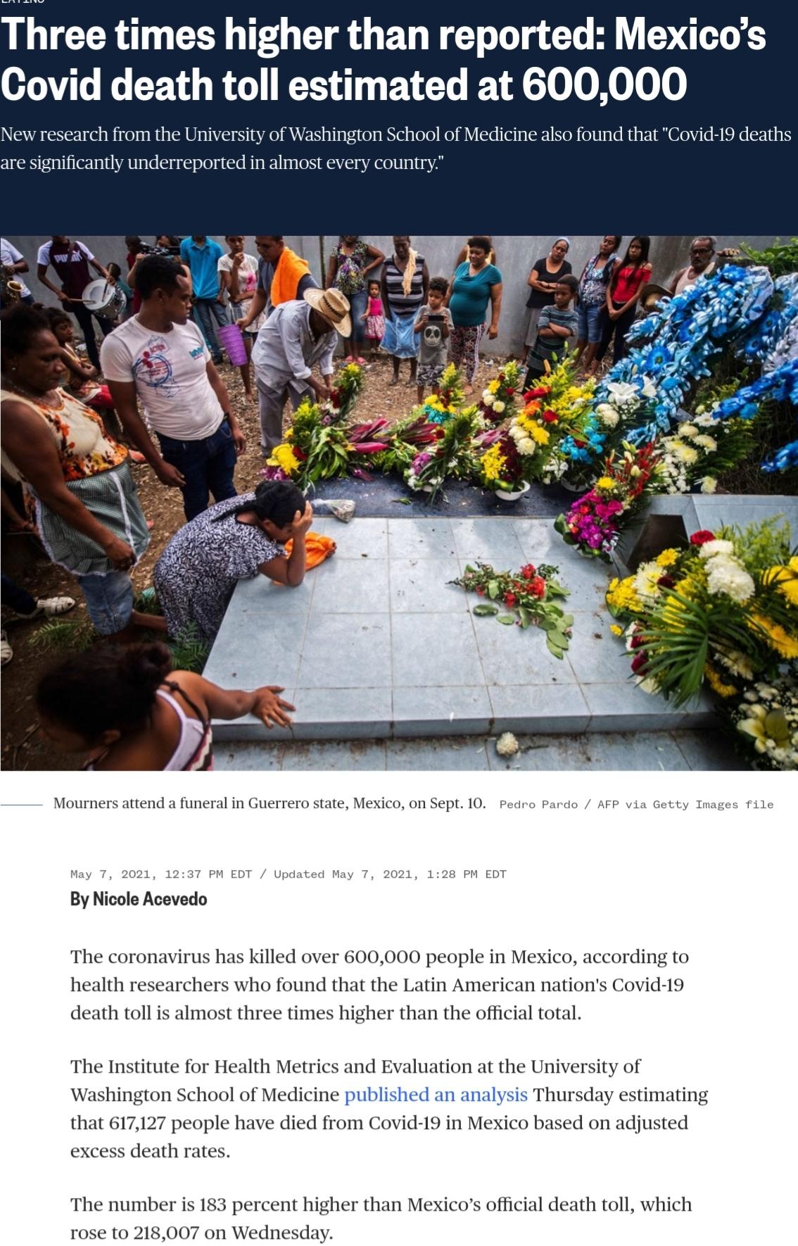 Three times higher than reported Mexicos Covid death toll estimated at 600000 New research from the University of Washington ool of Medicine also found that Covid 19 deaths are significantly underreported in almost every Mourners attend a funeral in Guerrero state Mexico on Sept 10 Pedro Pardo AFP via Getty Images file 7 2021 1237 PM EDT Updated May 7 2021 128 PM EDT By Nicole Acevedo The coronavi