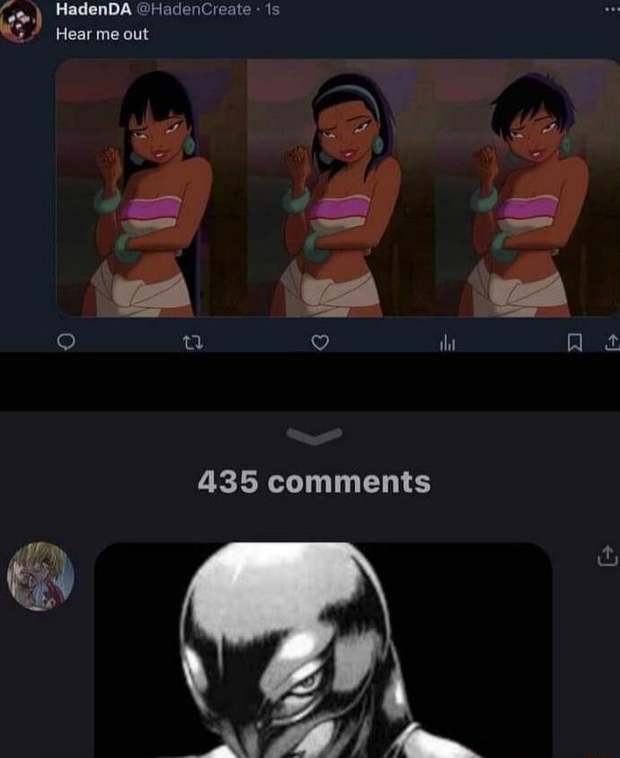 Hear me out

[Twitter post with three panels of a cartoon woman in a bikini]

435 comments