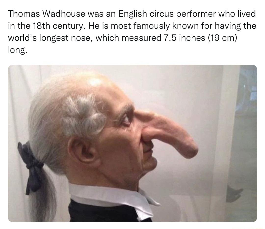 Historic Vids historyinmemes Thomas Wadhouse was an English circus performer who lived in the 18th century He is most famously known for having the worlds longest nose which measured 75 inches 19 cm long