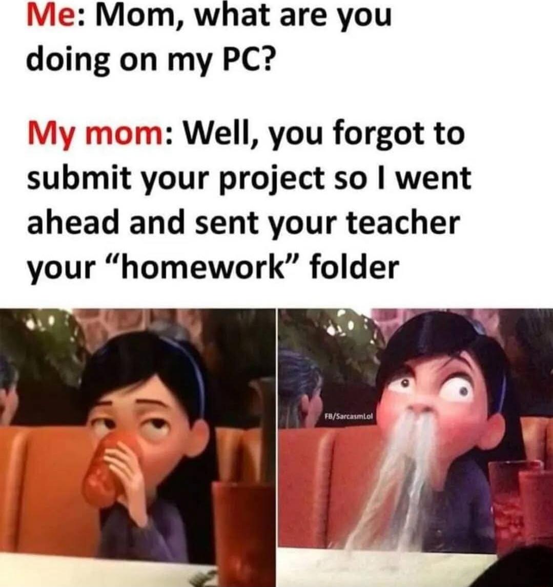 le Mom what are you doing on my PC n Well you forgot to submlt your project so went ahead and sent your teacher your homework folder