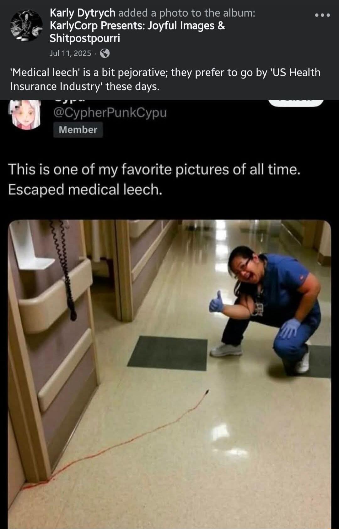 Karly Dytrych added a photo to the album: KarlyCorp Presents: Joyful Images & Shitpostpourri. Jul 11, 2025. 'Medical leech' is a bit pejorative; they prefer to go by 'US Health Insurance Industry' these days. @CypherPunkCypu Member. This is one of my favorite pictures of all time. Escaped medical leech.
