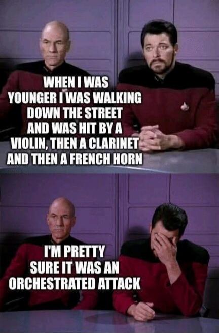 WHEN I WAS YOUNGER I WAS WALKING DOWN THE STREET AND WAS HIT BY A VIOLIN, THEN A CLARINET AND THEN A FRENCH HORN. I'M PRETTY SURE IT WAS AN ORCHESTRATED ATTACK.