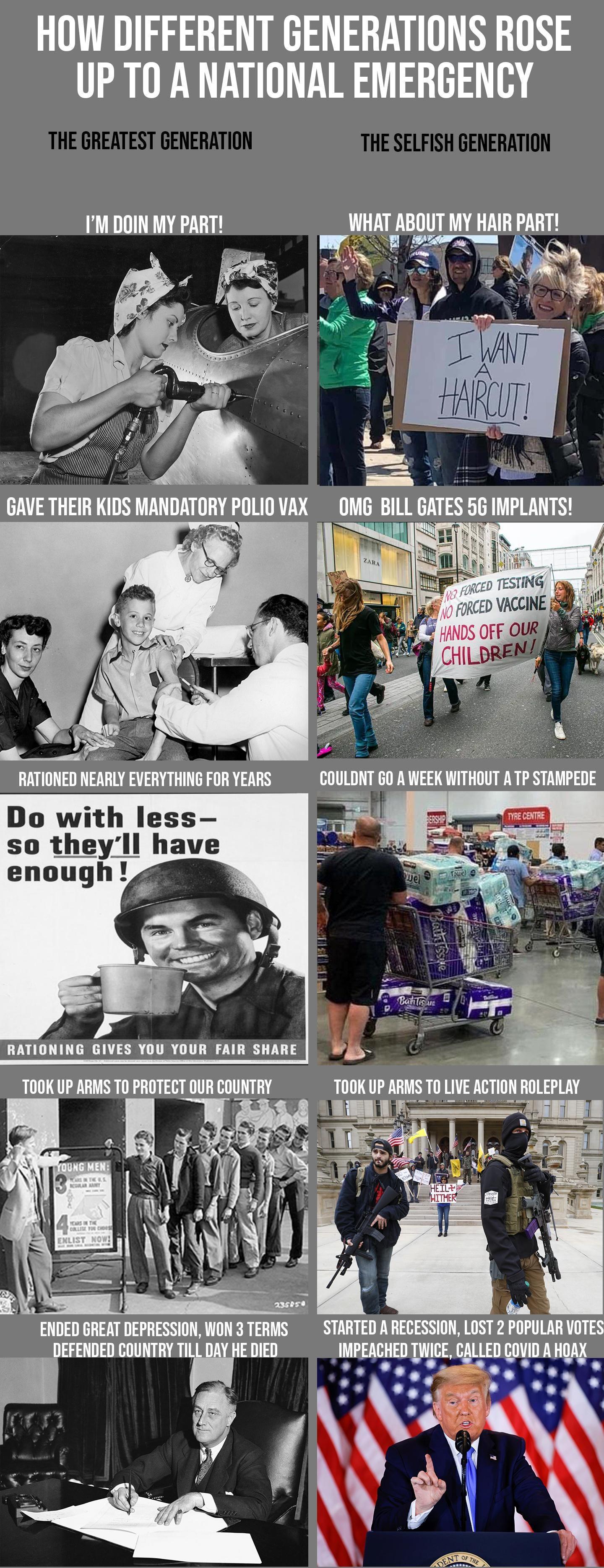 HOW DIFFERENT GENERATIONS ROSE UP TO A NATIONAL EMERGENCY IM DOIN MY PART WHAT ABIUT MY HAIR PART RATIONED NEARLY EVERYTHING FOR YEARS COUIINT GOA WEEK WITHOUT ATP STAMPEIE Do with less so theyll have TOOK UP ARMS TO PROTECT OUR COUNTRY TOOK UP ARMS TO LIVE ACTION ROLEPLAY PRLL e T P ENDED GREAT DEPRESSION WON 3 TERMS s STARTED A RECESSION LOST 2 POPULAR VOTES DEFENDED COUNTRY TILL IY HE DIED _IMP