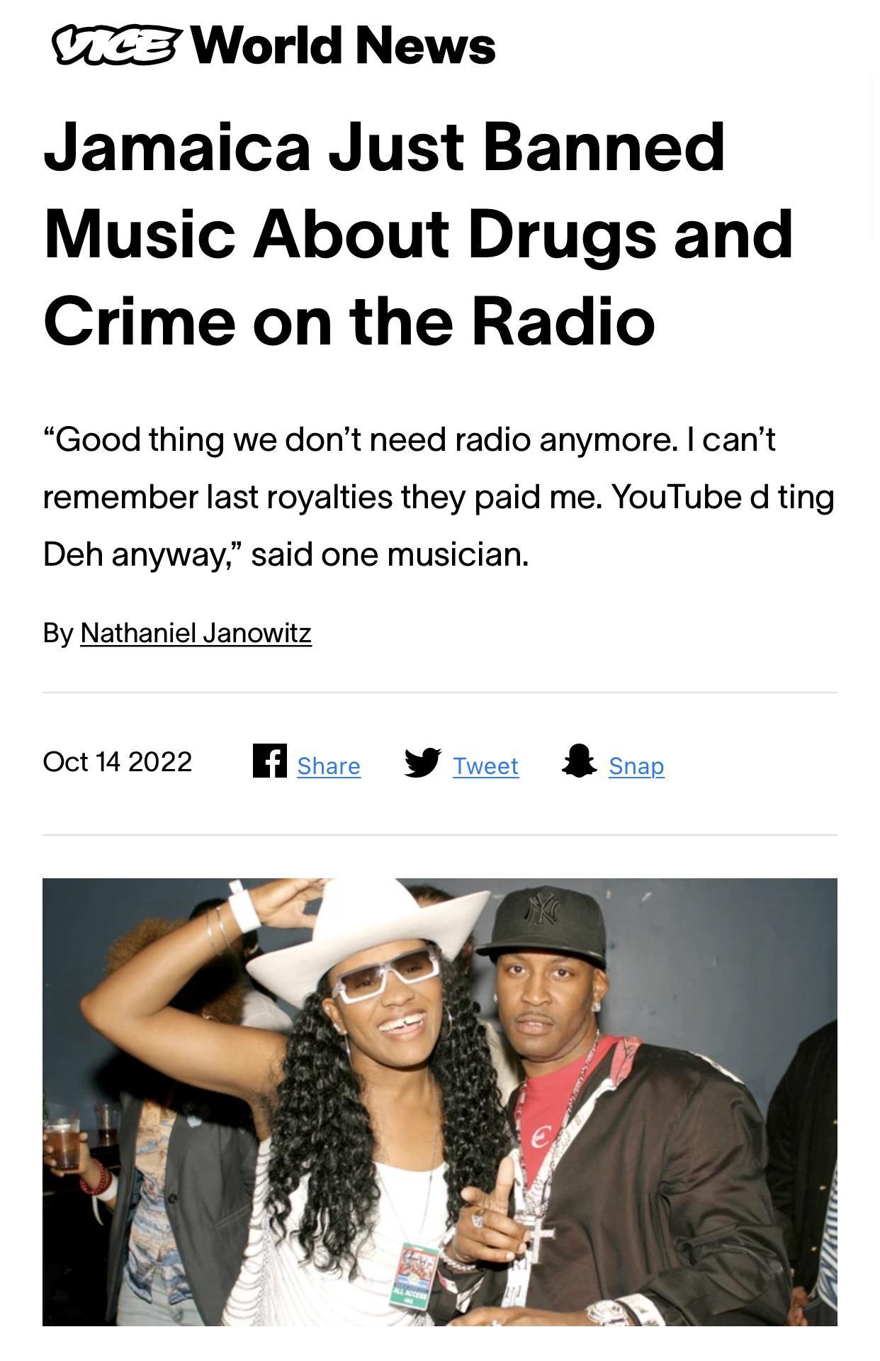 3 World News Jamaica Just Banned Music About Drugs and Crime on the Radio Good thing we dont need radio anymore cant remember last royalties they paid me YouTube d ting Deh anyway said one musician By Nathaniel Janowitz Oct142022 Elsrare W tweer snan