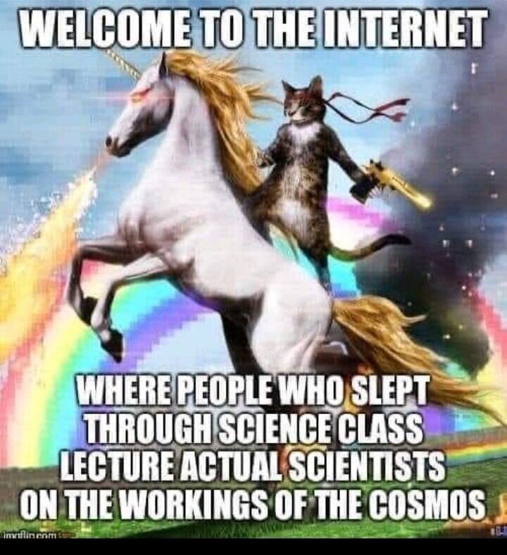 WELCOME TO THE INTERNET WHERE PEOPLE WHO SLEPT THROUGH SCIENCE CLASS LECTURE ACTUAL SCIENTISTS ON THE WORKINGS OF THE COSMOS