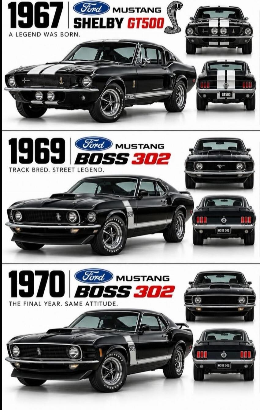 1967 Ford Mustang Shelby GT500. A legend was born. 1969 Ford Mustang Boss 302. Track bred. Street legend. 1970 Ford Mustang Boss 302. The final year. Same attitude. Goodyear.