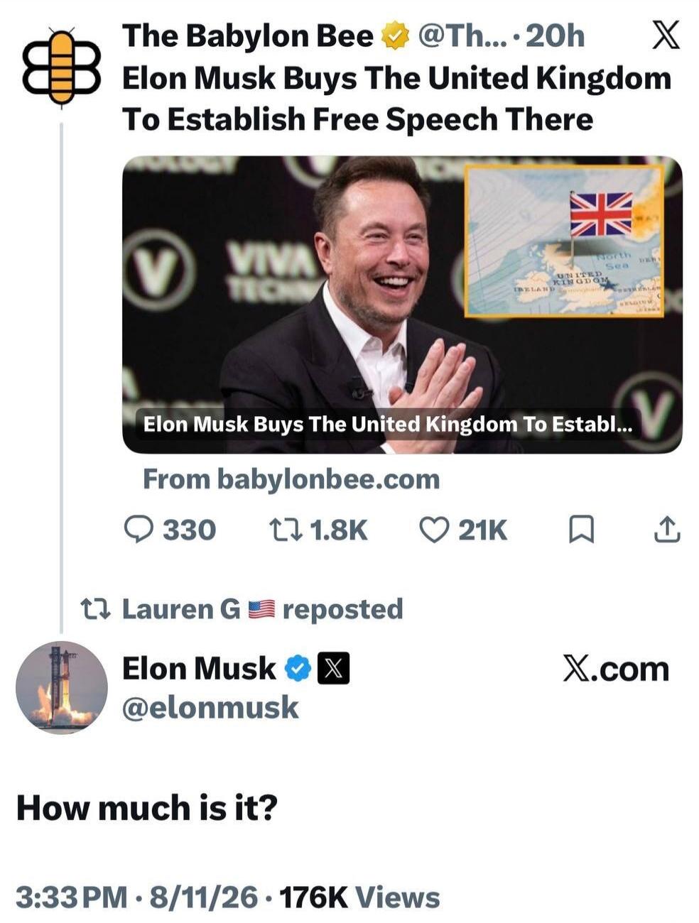 The Babylon Bee Elon Musk Buys The United Kingdom To Establish Free Speech There From babylonbee.com Elon Musk How much is it?