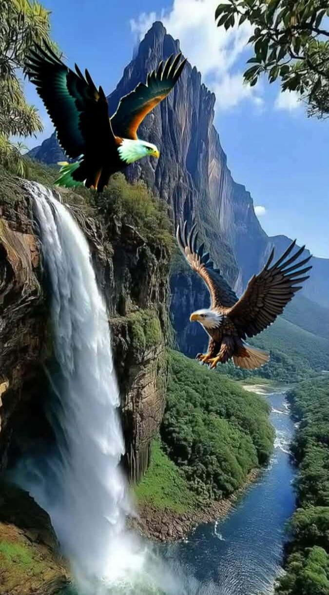 Two eagles flying over a waterfall and a river.
