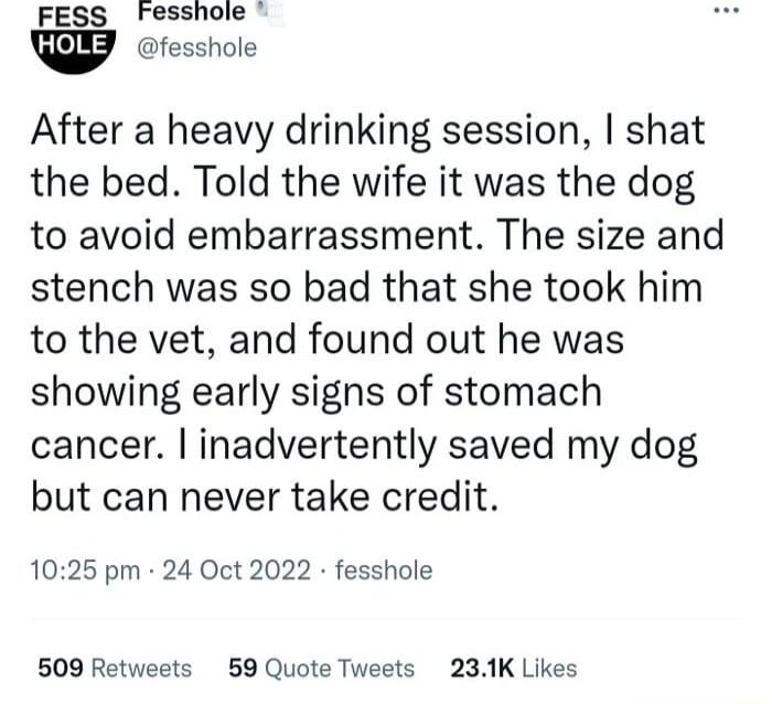 FESS Fesshole fesshole After a heavy drinking session shat the bed Told the wife it was the dog to avoid embarrassment The size and stench was so bad that she took him to the vet and found out he was showing early signs of stomach cancer inadvertently saved my dog but can never take credit 1025 pm 24 Oct 2022 fesshole 509 Retweets 59 Quote Tweets 231K Likes