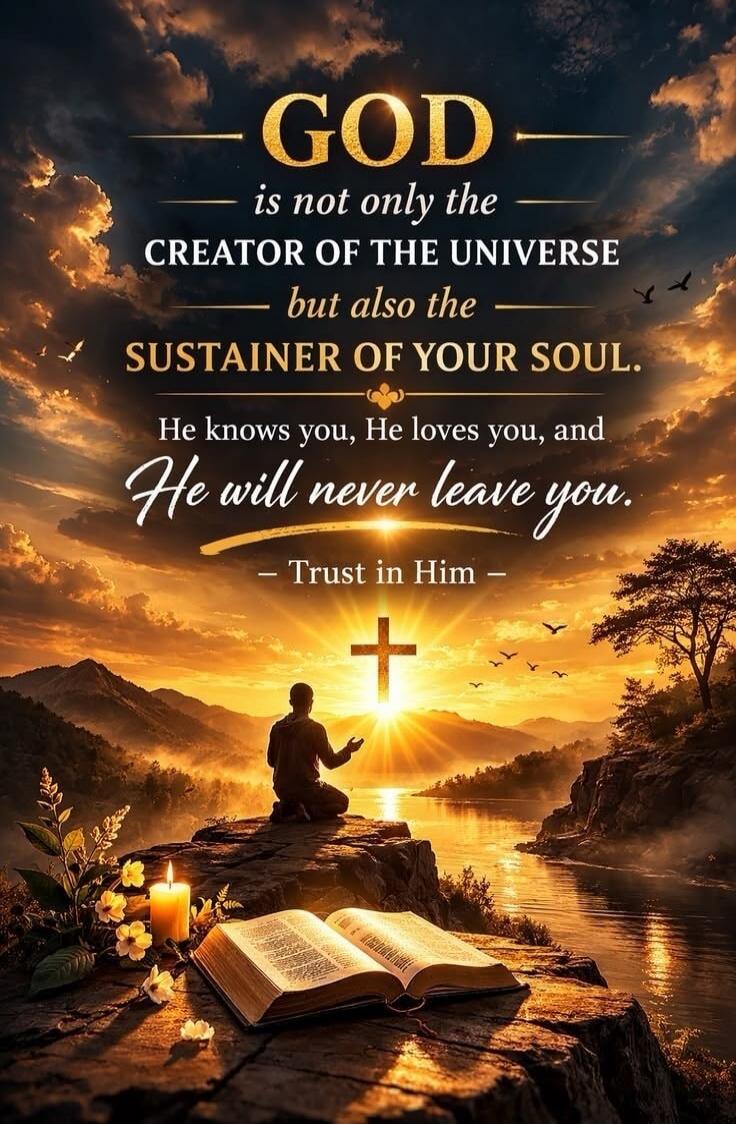 GOD is not only the CREATOR OF THE UNIVERSE but also the SUSTAINER OF YOUR SOUL. He knows you, He loves you, and He will never leave you. - Trust in Him -