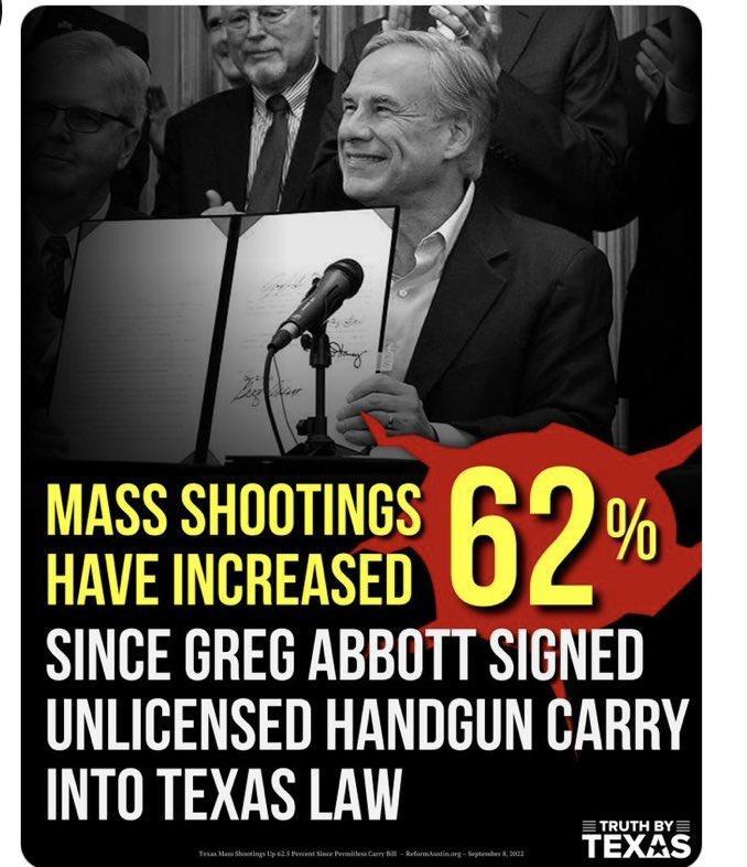 MASS SHOOTINGS 7 HAVE INCREASED U SINCE GREG ABBOTT SIGNEI UNLICENSED HANDGUN CARRY INTO TEXAS LAW