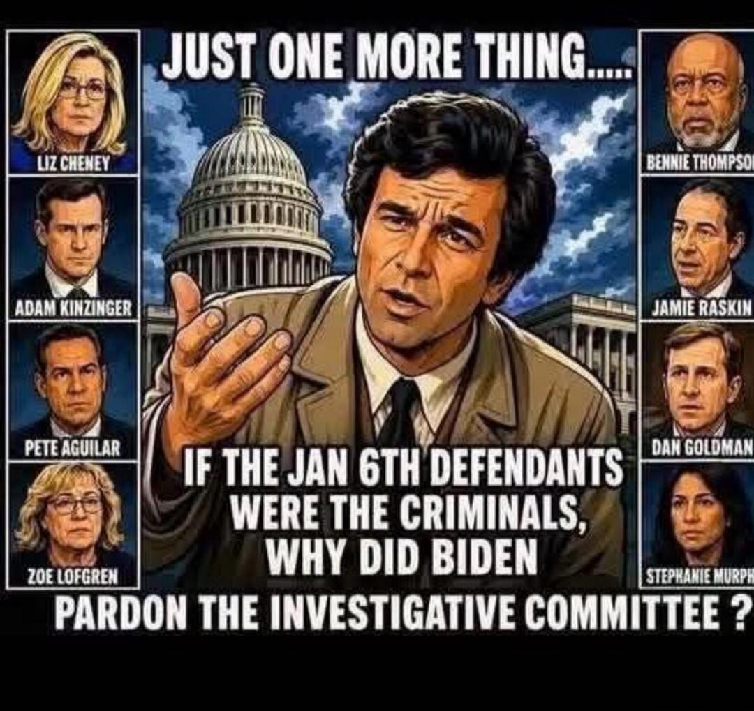 JUST ONE MORE THING..... LIZ CHENEY ADAM KINZINGER PETE AGUILAR ZOE LOFGREN BENNIE THOMPSON JAMIE RASKIN DAN GOLDMAN STEPHANIE MURPHY IF THE JAN 6TH DEFENDANTS WERE THE CRIMINALS, WHY DID BIDEN PARDON THE INVESTIGATIVE COMMITTEE?