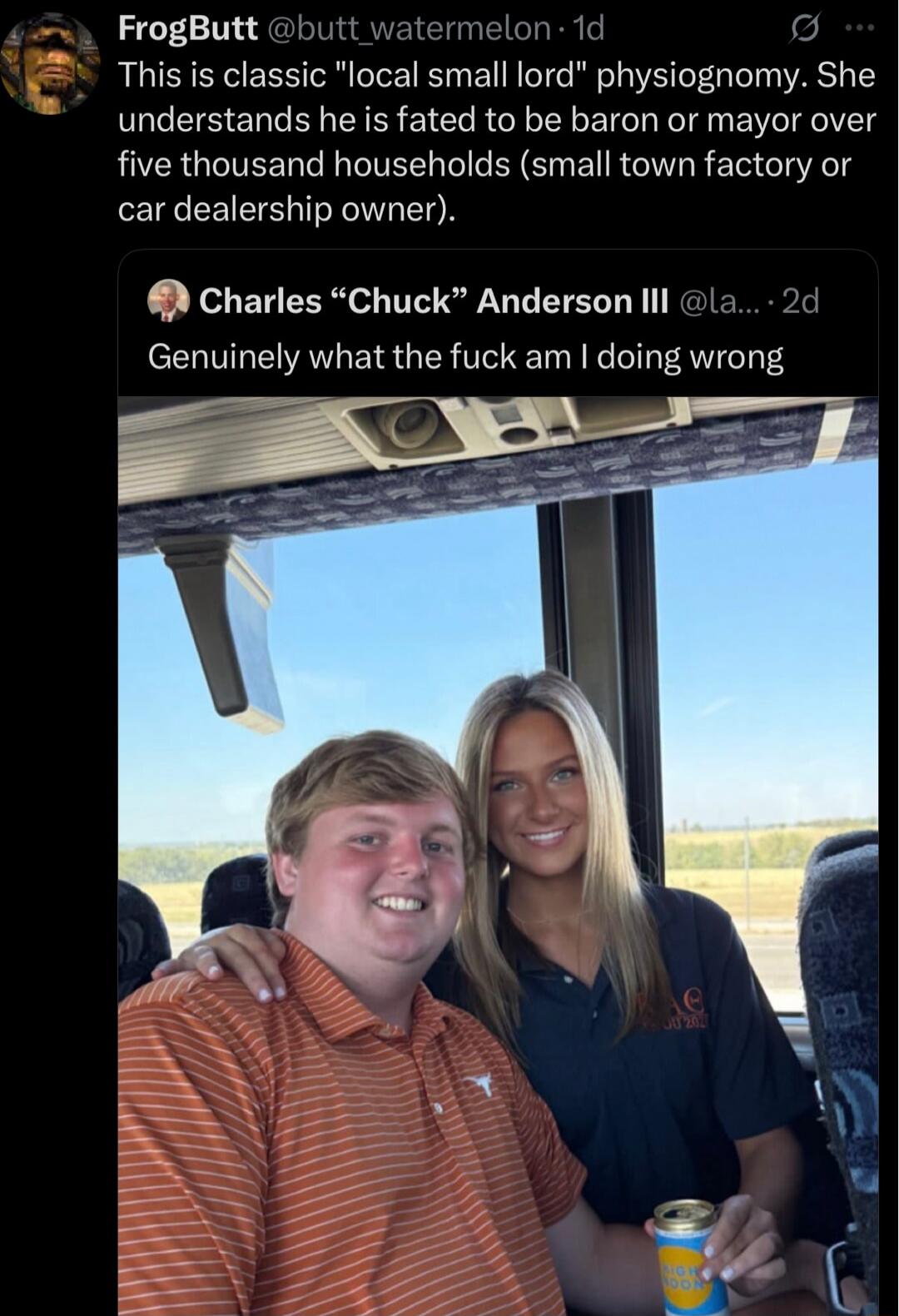 This is classic 'local small lord' physiognomy. She understands he is fated to be baron or mayor over five thousand households (small town factory or car dealership owner).
Genuinely what the fuck am I doing wrong