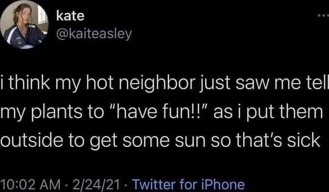 kate kaiteasley i think my hot neighbor just saw me tel my plants to have fun as i put them outside to get some sun so thats sick 1002 AM 22421 Twitter for iPhone