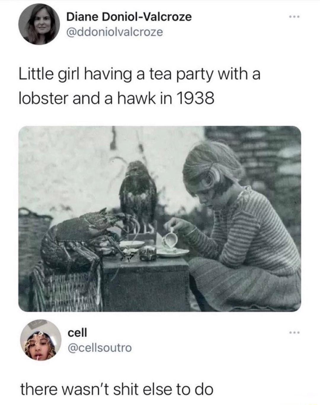 Diane Doniol Valcroze ddoniolvalcroze Little girl having a tea party with a lobster and a hawk in 1938 there wasnt shit else to do