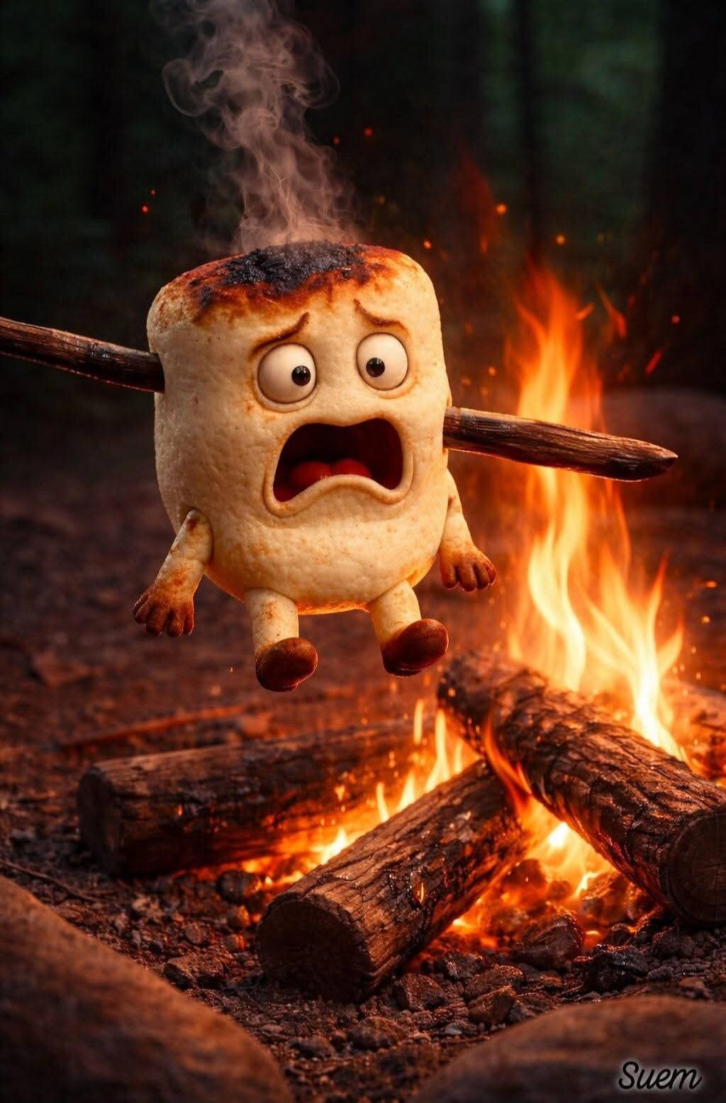 A marshmallow is being roasted over a campfire, with a scared expression on its face.