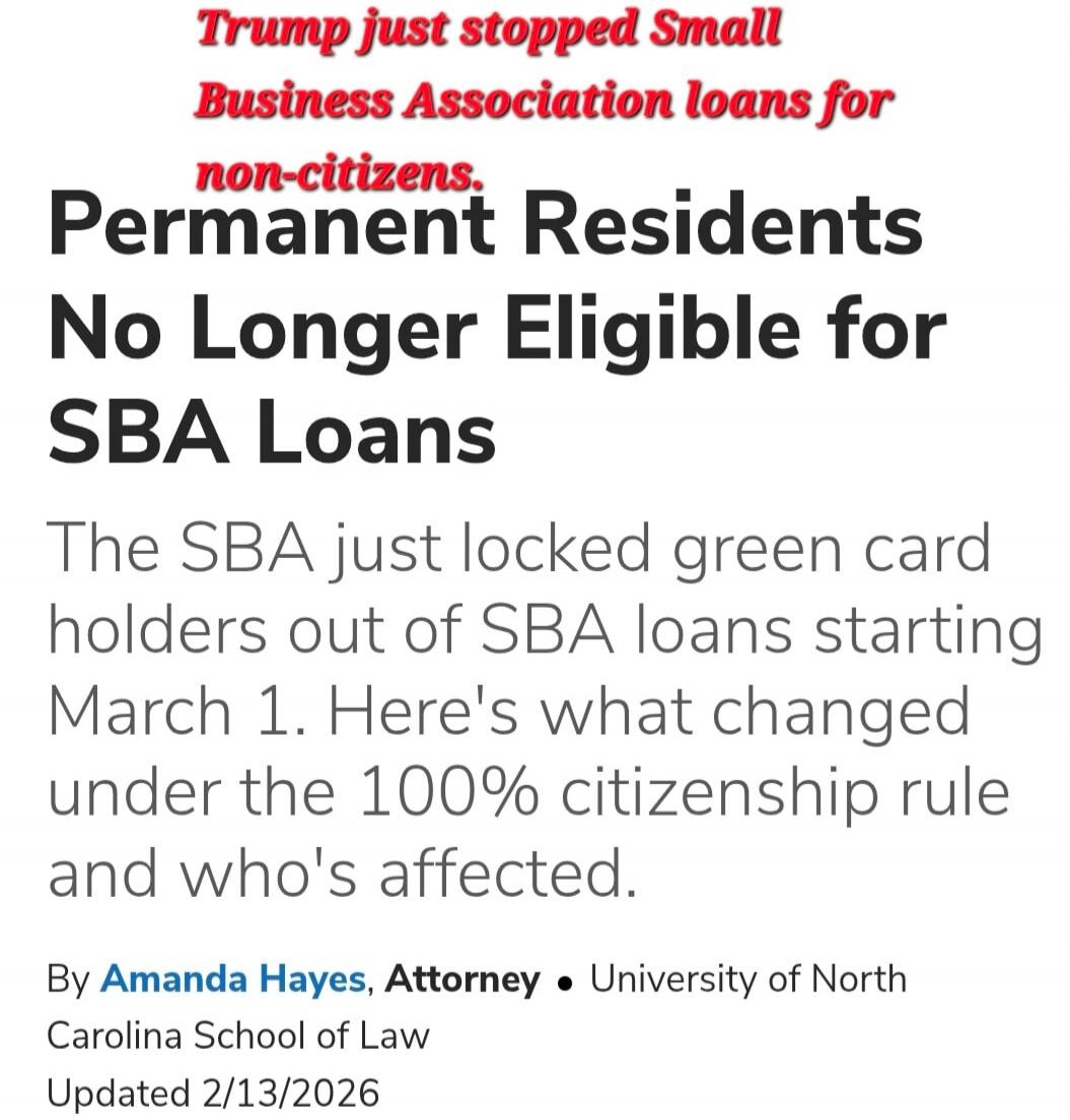Trump just stopped Small Business Association loans for non-citizens. Permanent Residents No Longer Eligible for SBA Loans The SBA just locked green card holders out of SBA loans starting March 1. Here's what changed under the 100% citizenship rule and who's affected. By Amanda Hayes, Attorney • University of North Carolina School of Law Updated 2/