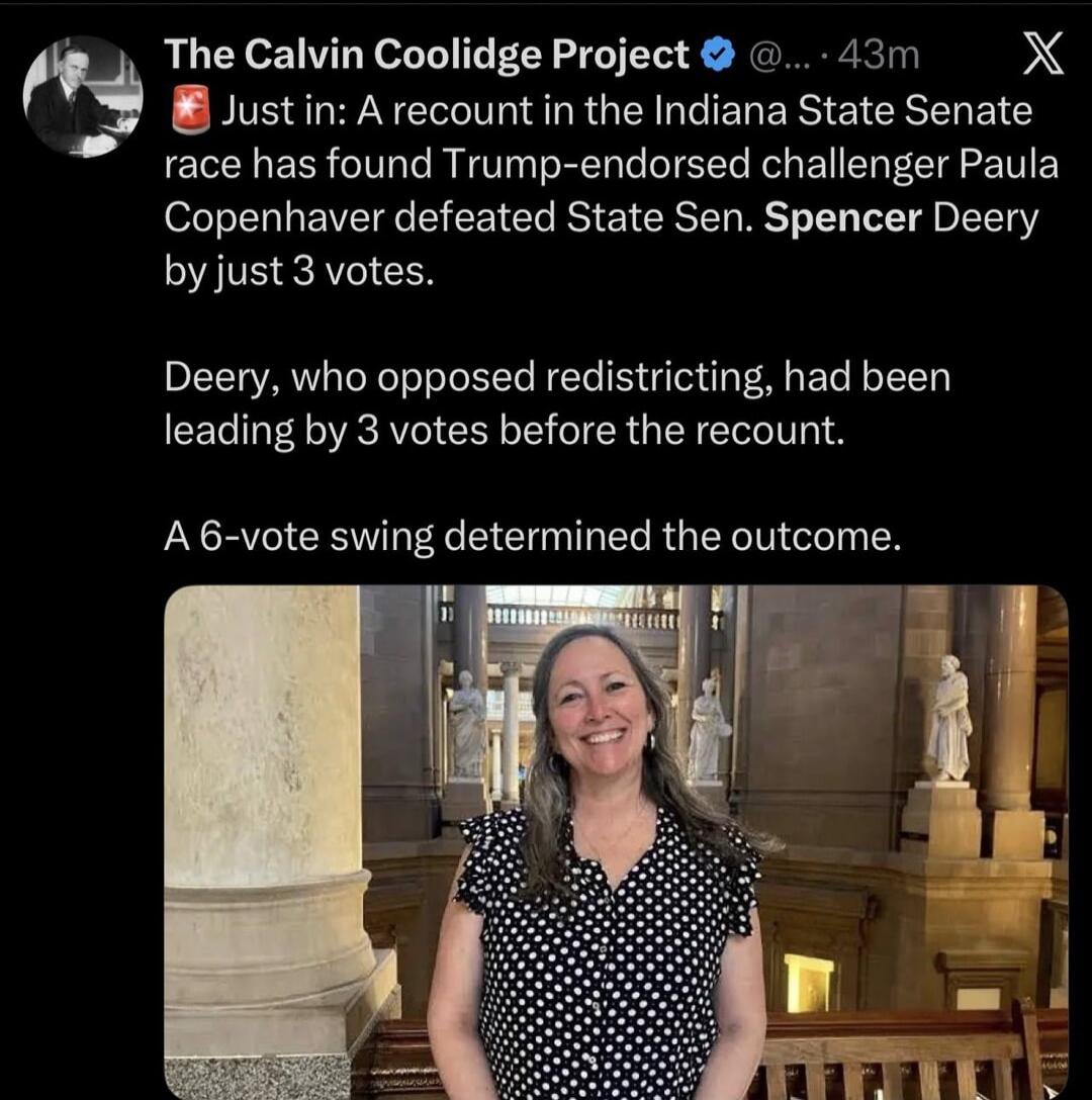 The Calvin Coolidge Project Just in: A recount in the Indiana State Senate race has found Trump-endorsed challenger Paula Copenhaver defeated State Sen. Spencer Deery by just 3 votes. Deery, who opposed redistricting, had been leading by 3 votes before the recount. A 6-vote swing determined the outcome.