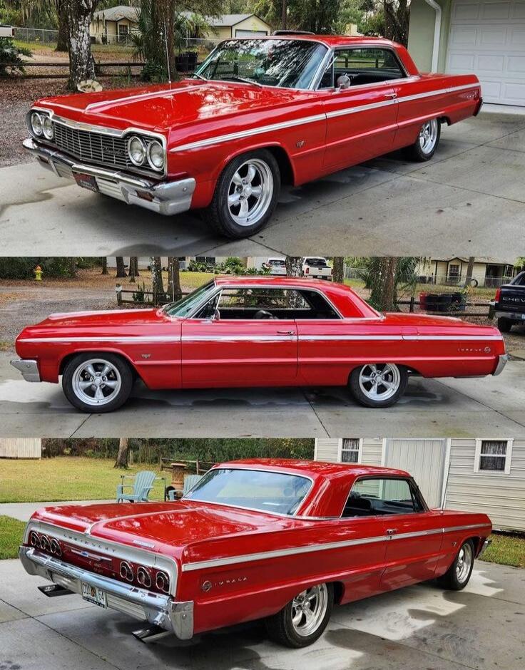 Chevrolet Impala (badge visible) on a red vintage car. The side shows 'Impala' and other chrome details. No explicit text beyond car branding visible in the image.