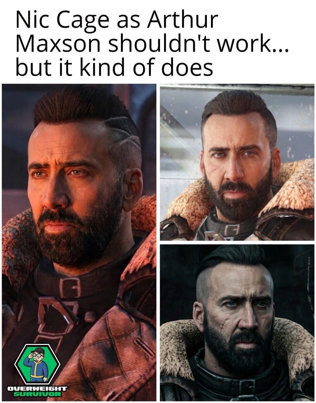 Nic Cage as Arthur Maxson shouldn't work... but it kind of does. OVERWEIGHT SURVIVOR