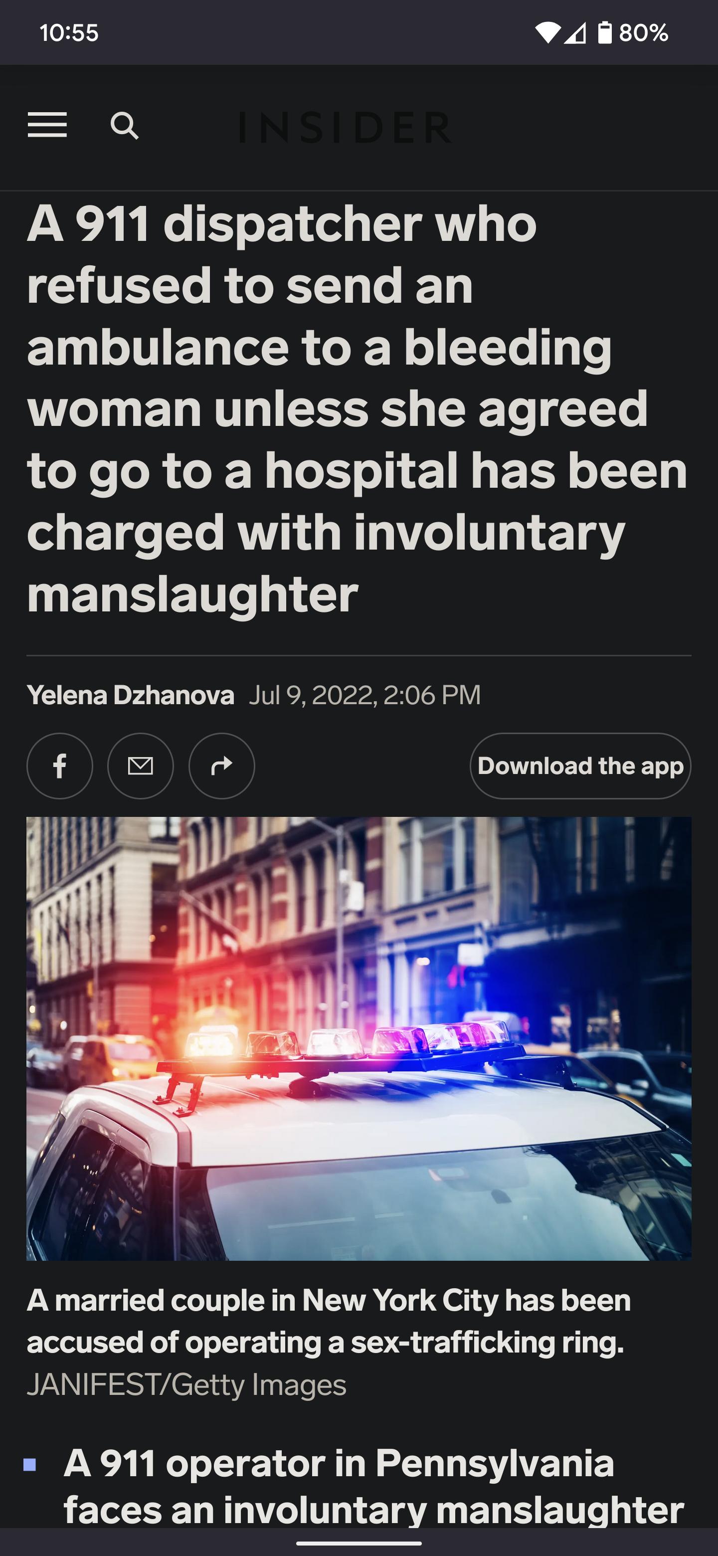 1055 4080 A 911 dispatcher who GHTETe R GRS e Ty ambulance to a bleeding woman unless she agreed LN oR J N g T o 1 M X o TT50 y T T AUV W T LI T4 1 214 UELEETe 1 Td Yelena Dzhanova Jul 92022 206 PM f lad Download the app A married couple in New York City has been accused of operating a sex trafficking ring JANIFESTGetty Images A 911 operator in Pennsylvania LEICEE LN Ea ERSETT 1 g